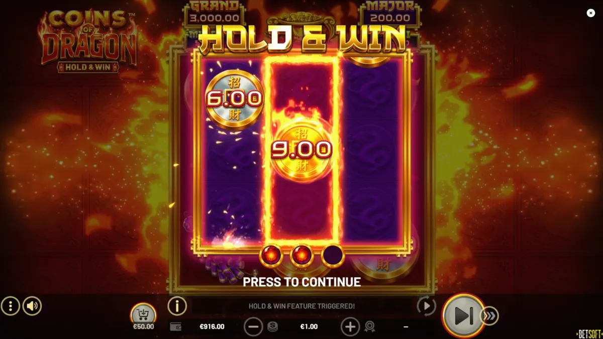 Interface do slot Coins of Dragon – Hold & Win com símbolos orientais e dragão dourado.