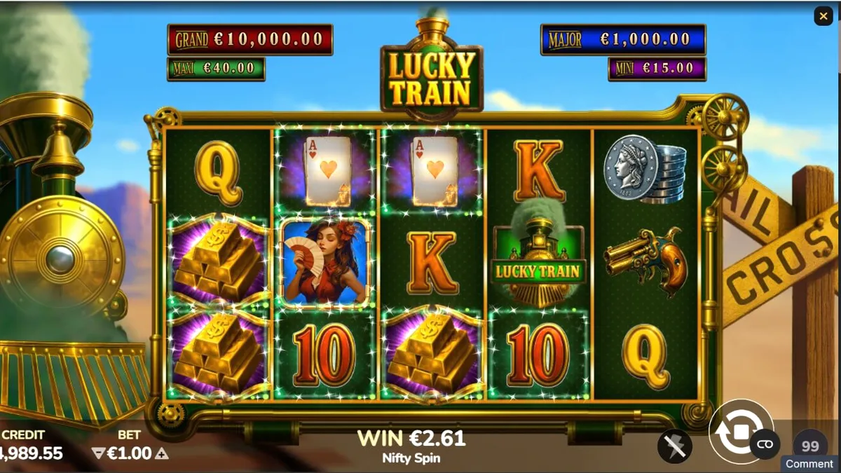 Interface do slot Lucky Train com elementos steampunk e trilhos de trem